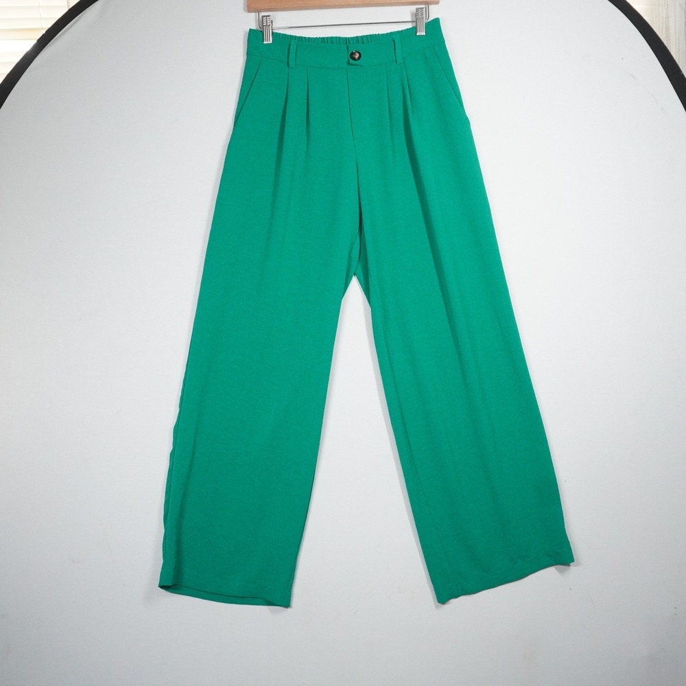 Tulleé Kelly Green Pleated Wide Leg High Rise Trousers Large Bold Career Preppy - Picture 1 of 11